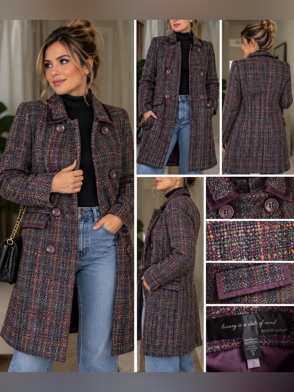 Apostrophe Multicolored Tweed Mid-Length Pea Coat with Purple Trim